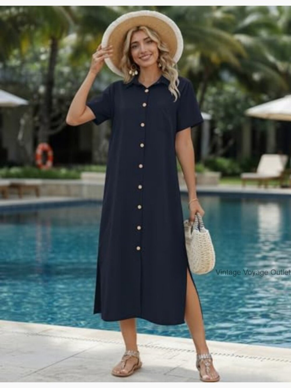 Casual Midi Dress with Pockets Short Sleeve Button Down Shirt Dress Loose Fit - Picture 2 of 7